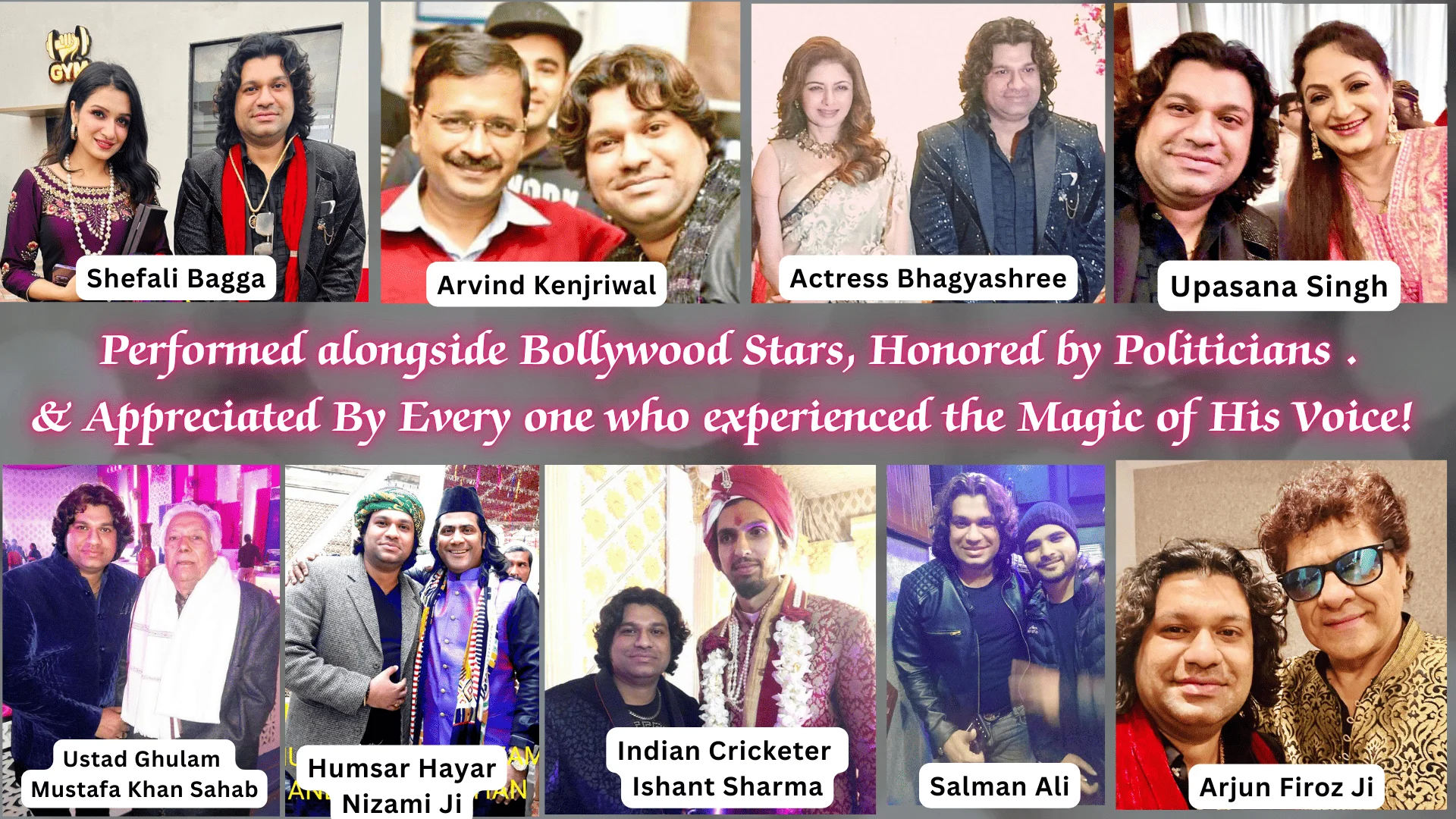 Sameer Khan Niazi posing with Arvind Kejriwal, Actress Bhagyashree, Cricketer Ishant Sharma, and singer Salman Ali
